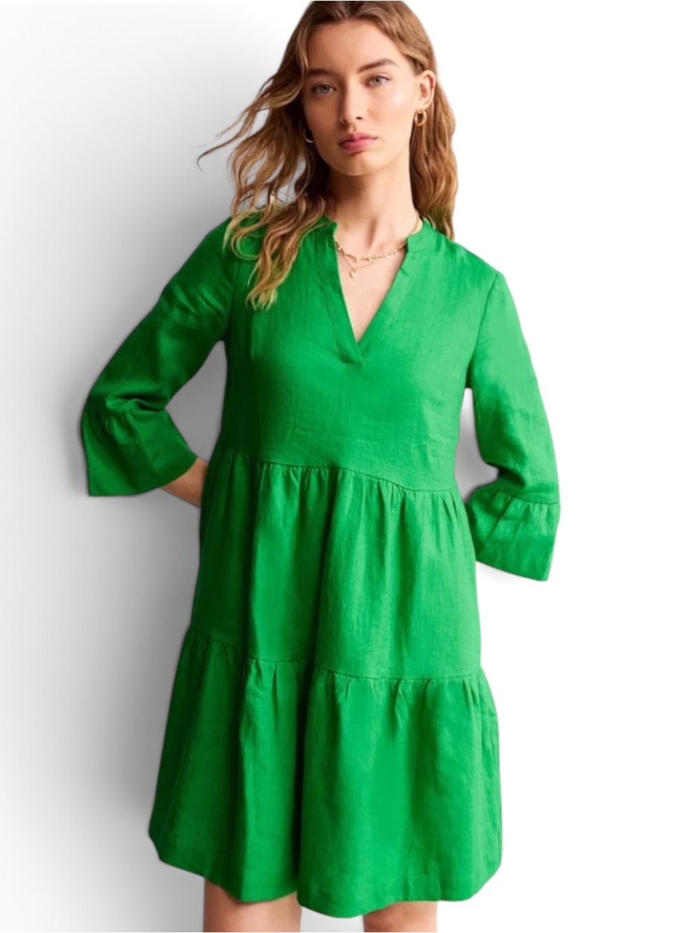 Boden Sophia 100% linen green tiered short dress with pockets vacation resort 6R
